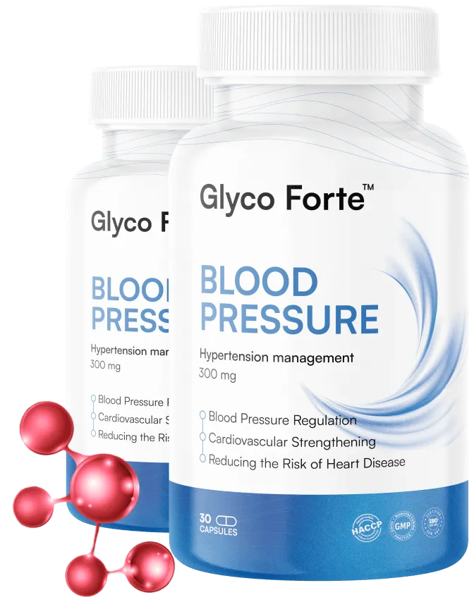 Product hero pack shot (bottles and box) for Glyco Forte Blood Pressure — used on the sales page to build trust and clarity